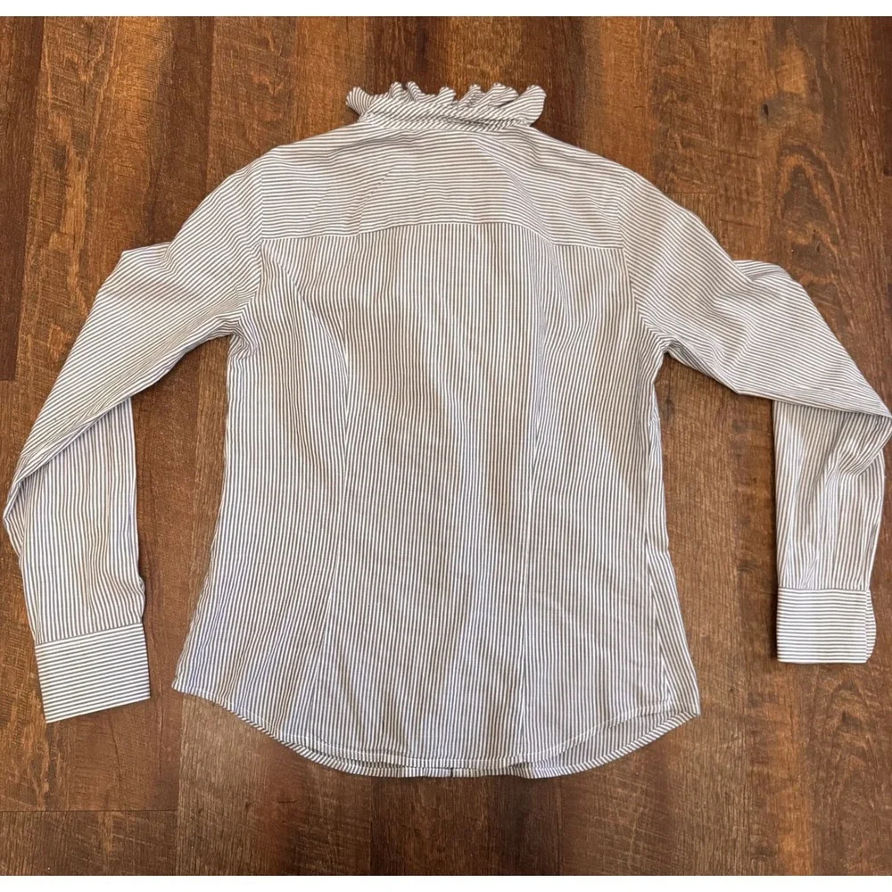 J.Crew Size 4 Blue White Pinstripe Ruffle Front Cotton Button Down Blouse